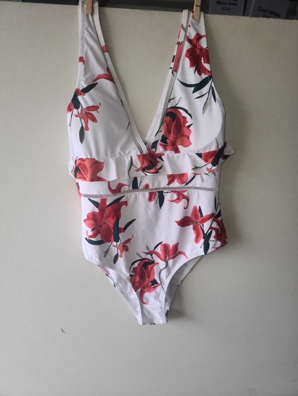 Girls' White Floral One-Piece Swimsuit with Red Flowers.